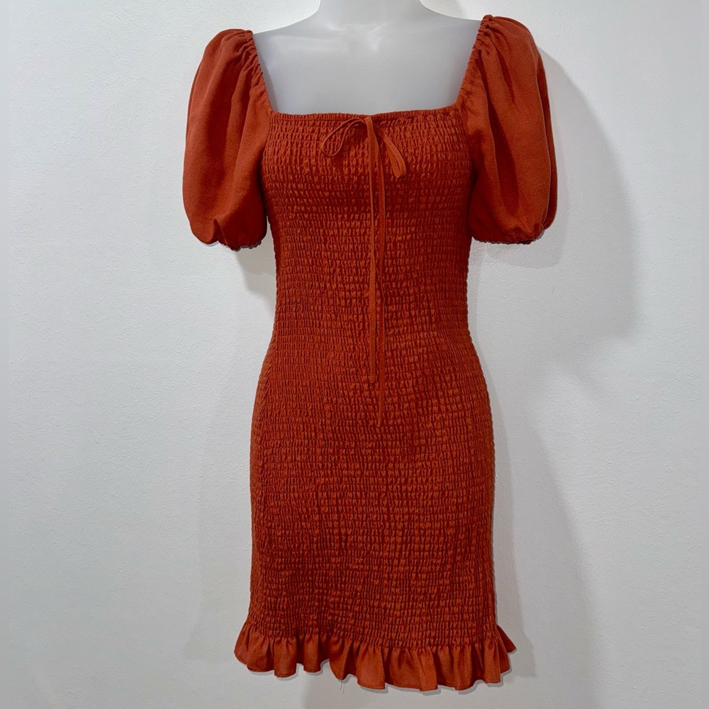 Giani Bernini Rust Red Smocked Mini Dress with Puff Sleeves